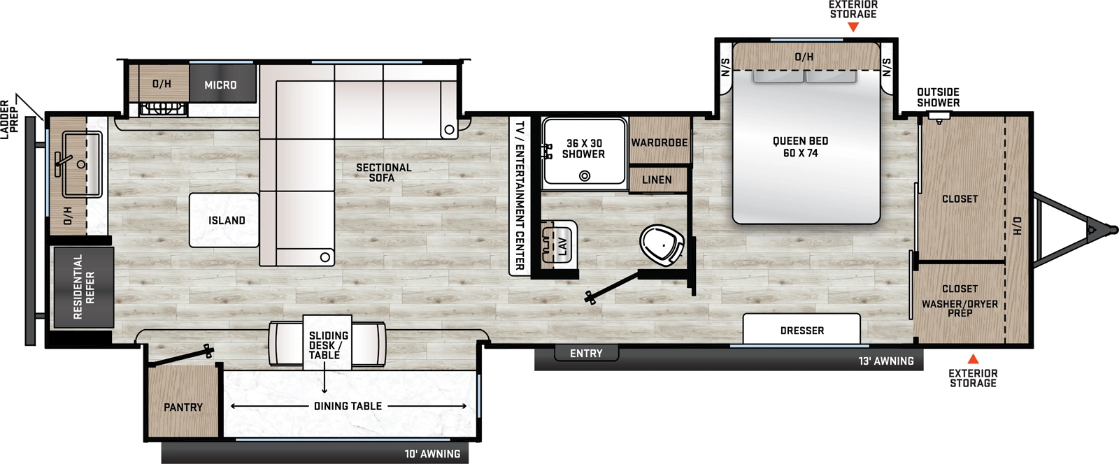The Aurora 32MAZE floorplan has one entry and three slide outs. Exterior features include: metal exterior and 10' & 13' awning. Interiors features include: rear kitchen, kitchen island and front bedroom.